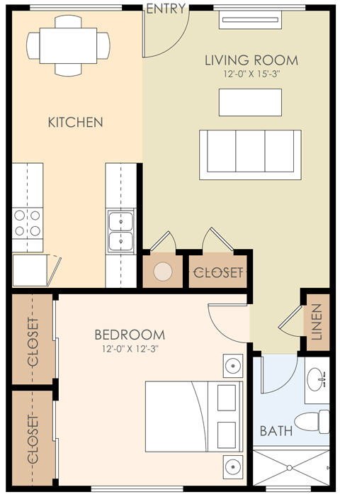 One Bedroom One Bath Floor Plan 600 to 700 Sq.Ft. at Verandas, Menlo Park, CA